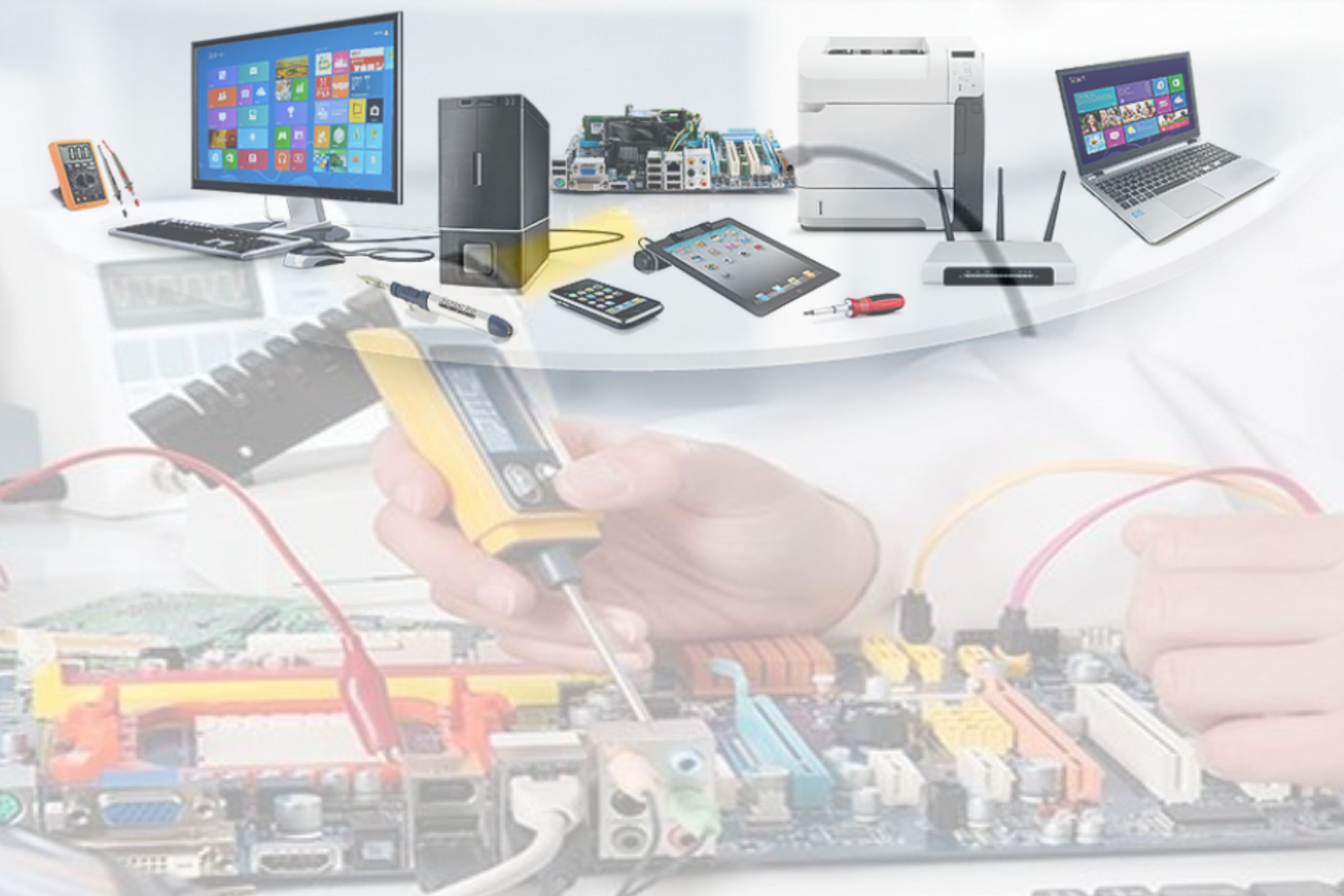 A bright, modern workspace featuring laptops, a camera, and a drawing tablet in an indoor office.